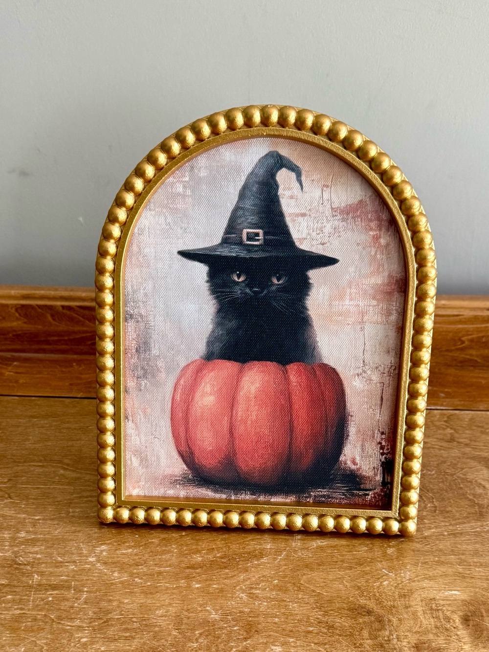 Gold Beaded Frame with Black Cat Halloween Art – Black and Orange